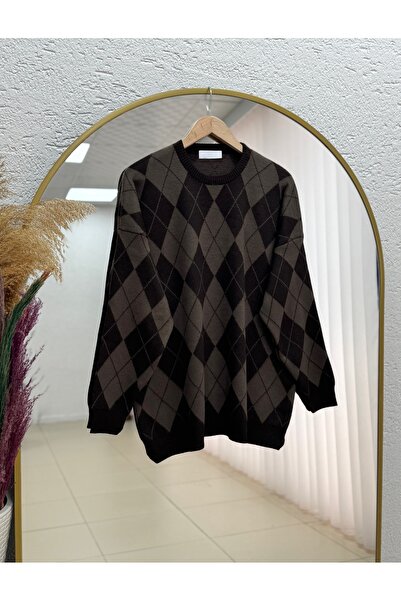 BENAHOLL Silk Crew Neck Diamond Pattern Sweater-Zi̇5269 Brown