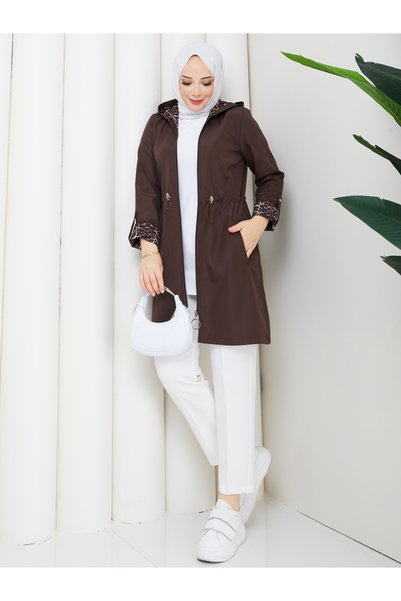 MEHDENEFE Leopard Print Inside Detail K Hooded Elastic Waist Trench Coat Mde905010