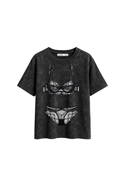 CİNEMA MODA Bra Set Printed Relaxed Fit Washable Black Women's T-Shirt