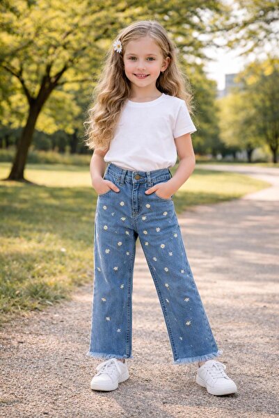 ÇALIŞKAN MODA PAPATYA İŞLEMELİ KIZ ÇOCUK GENİŞ PAÇA KOT PANTOLON [ 6\12 yaş a...