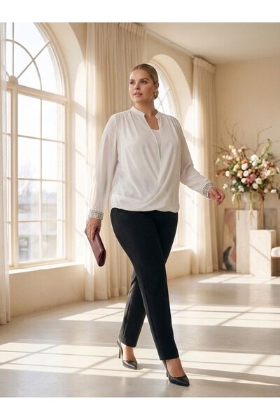 Hanezza Büyük Beden Kol Taş İşlemeli Kruvaze Bluz