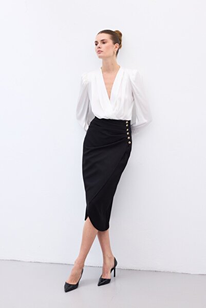 Sateen Button Detailed Pencil Skirt - Black