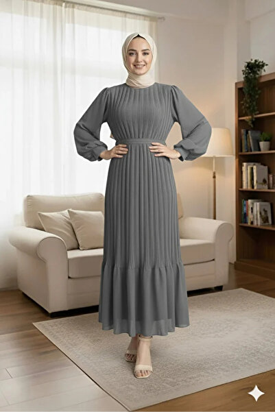 CYM Butik Pleated Chiffon Hijab Dress Gray