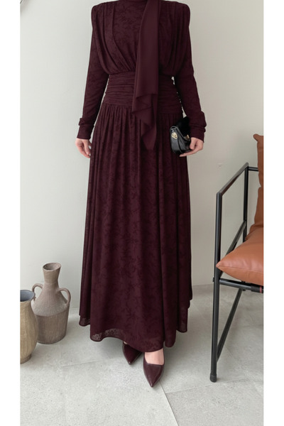 REMUBİ Kadın Flok Baskı Premium Kumaş Astarlı Elbise