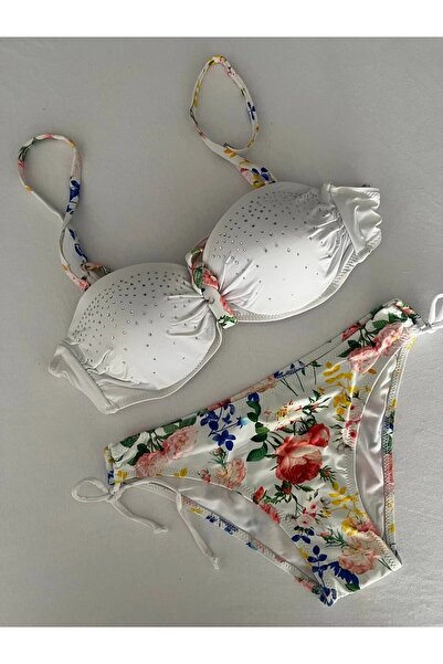Yasmy Collection Kadın Beyaz Taş İşlemeli Astarlı Bikini Takım HZL25S-LC208
