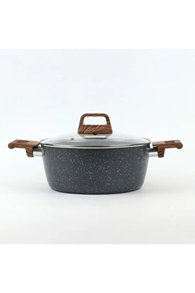 Generic Granite saucepan with wooden handle and glass lid, black color - 28 c...