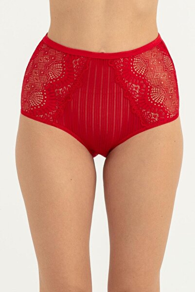 OBJE بيكيني نسائي أحمر عالي الخصر بخطوط أمامية وشريط جانبي