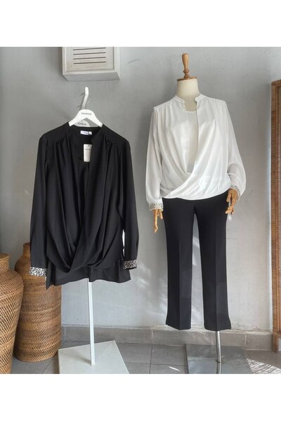 Hanezza Büyük Beden Kol Taş İşlemeli Kruvaze Bluz