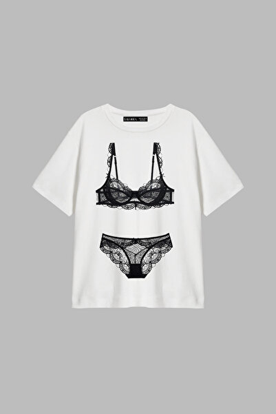 CİNEMA MODA Bra Set Printed Relaxed Fit White Women's Tshirt