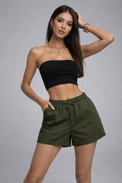 WILD BEE شورت نسائي من الكتان بخصر مرتفع ورباط قابل للتعديل باللون الكاكي