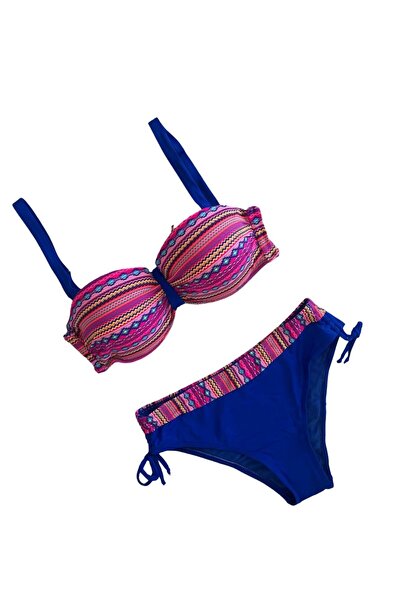 Yasmy Collection Kadın Pembe Saks Mavi Etnik Desenli Astarlı Büyük Beden Biki...