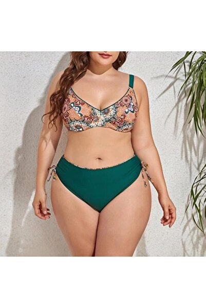 Yasmy Collection Kadın Zümrüt Yeşil Etnik Desen Büyük Beden Bikini Takım HZL2...