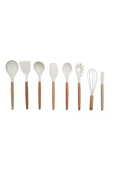 Qerhome 8 Piece Bamboo Handle Silicone Ladle Spatula Kitchen Set Cream