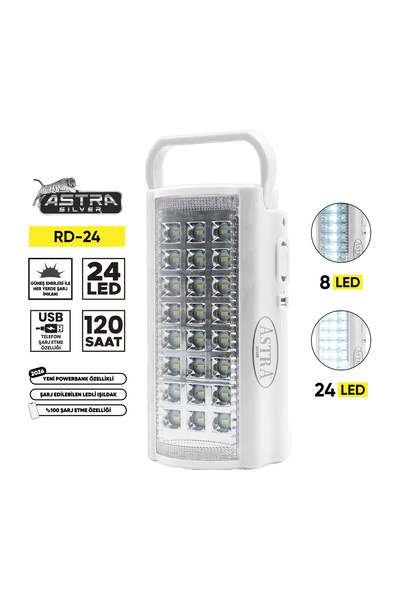 AstraSilver USB Şarj Girişli 6V Akülü 24 LED Acil Durum Kamp Lambası RD-24