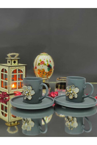 KirLiNova Gray Floral Detailed Coffee Cup Set (2-Piece)