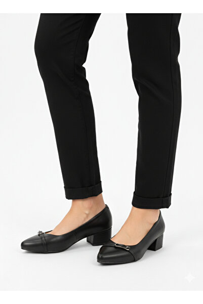 NZN حذاء كلاسيكي من الجلد الطبيعي بإبزيم أسود وكعب مطلي بارتفاع 4 سم