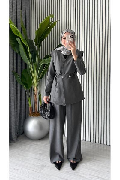 Molly Nelly Kadın Çift Düğmeli Bağcıklı Ceket Pantolonlu Şık Takım