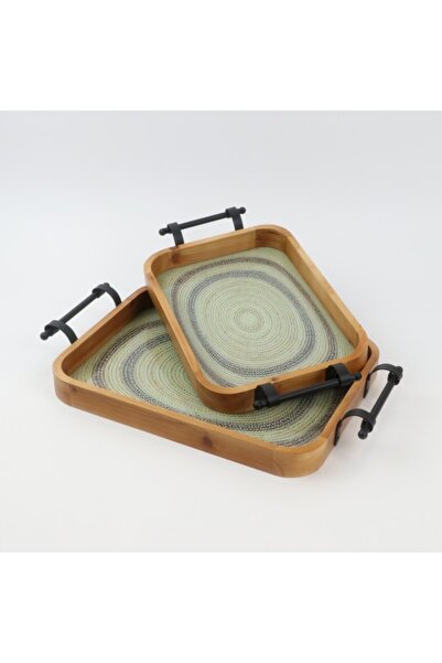 Generic Decorative wooden serving set with black metal handle, 2 pieces