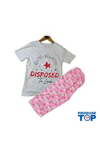 Produse.Top Ladies Pajamas with Gray Star Print T-Shirt and Pink Three-Quarte...