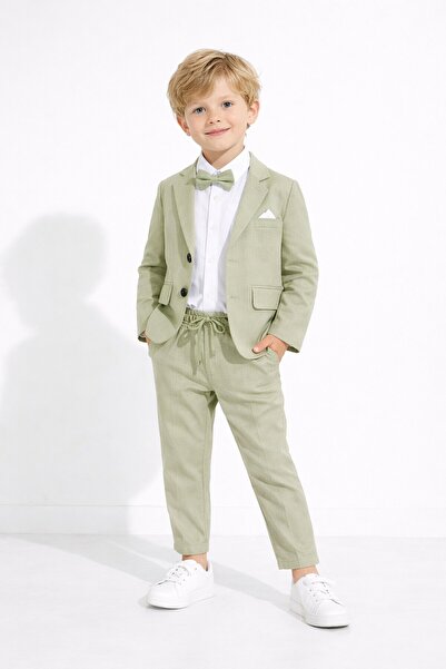 Cansın Mini Jachetă și pantaloni din in verde pentru băieți, costum 4 piese c...