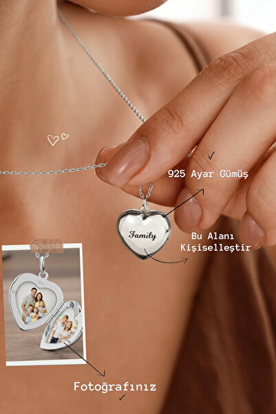 Ricco Jewellery 925 Ayar Gümüş Kişiye Özel Kalp Kapaklı Fotoğraflı Kolye