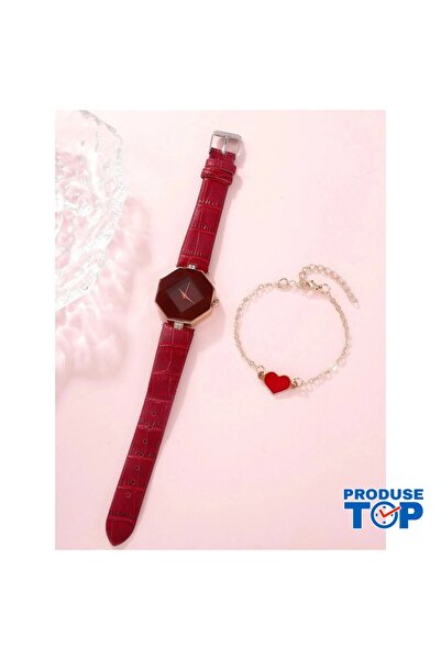 QUARTZ Ceas elegant de damă roșu cu formă hexagonală și brățară în formă de i...