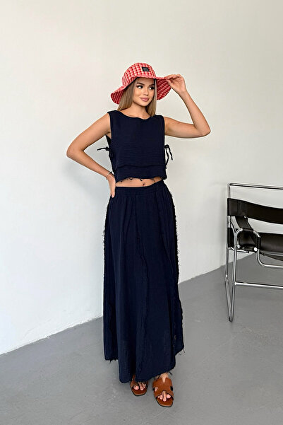 JEE LEE Women's Skirt Blouse 100% Cotton Double Set Navy Blue - 26Y 6031