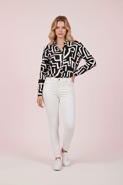 Seviliko Kadın Büyük Beden Hakim Yaka Desenli Uzun Kollu Viskon Bluz