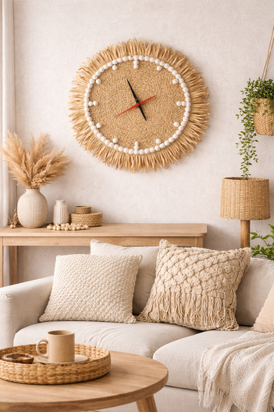 AYBÜK PABUÇ DOĞAL HASIR BOHEM DUVAR SAATİ BONCUK DETAYLI DUVAR DEKORU