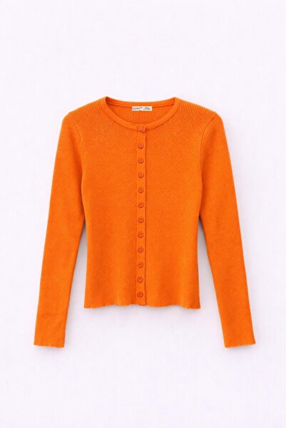 Mixray 6931 Women's Buttoned Corded Fabric Knitwear Cardigan Orange