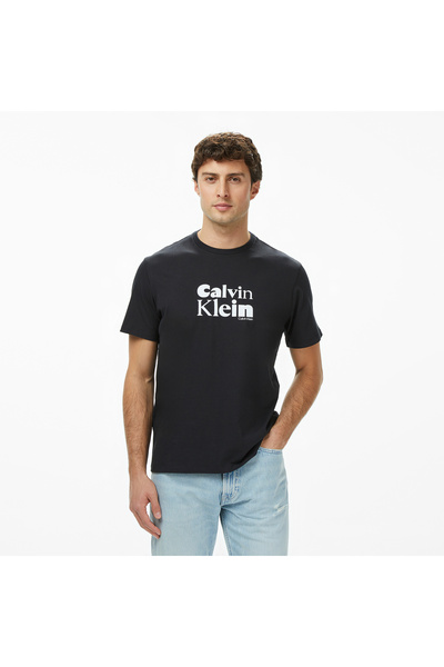 Calvin Klein Tricou negru din bumbac cu mânecă scurtă, cu gât rotund, cu logo...