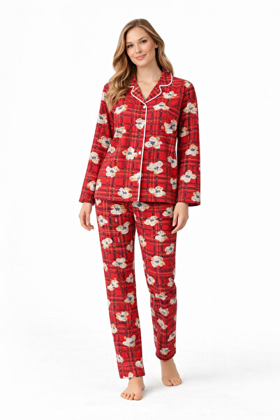 Free Beka Red Teddy Bear Patterned Long Sleeve Turn-Down Collar Buttoned Fron...