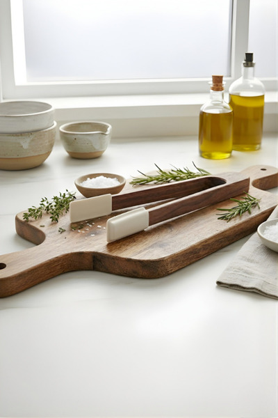 ChefMate Akasya Ahşap Servis Maşası - Çizmez Özel Uçlu Lüks Salata ve Yemek M...