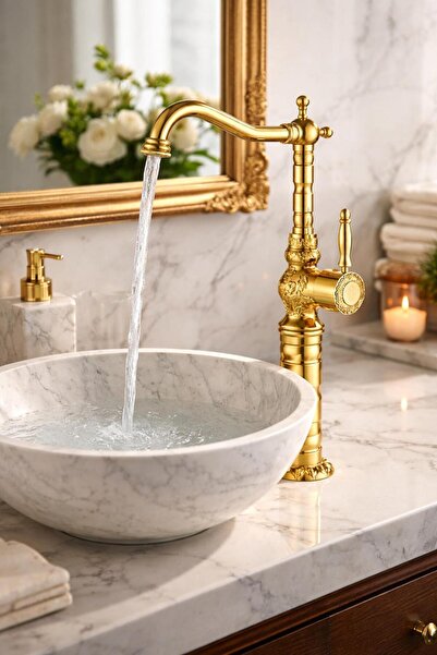 HT PRİMA Rustik Çanak Lavabo Bataryası Şık Tasarım Gold