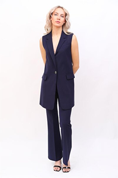 ÖNDER ÖZSOY سترة طويلة بزر واحد وياقة معطف وبنطلون مطاطي واسع الأرجل للنساء -...