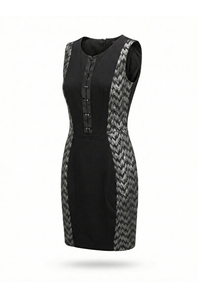 Ciolla Yan Panelli Desenli Agraflı Kolsuz Kalem Elbise