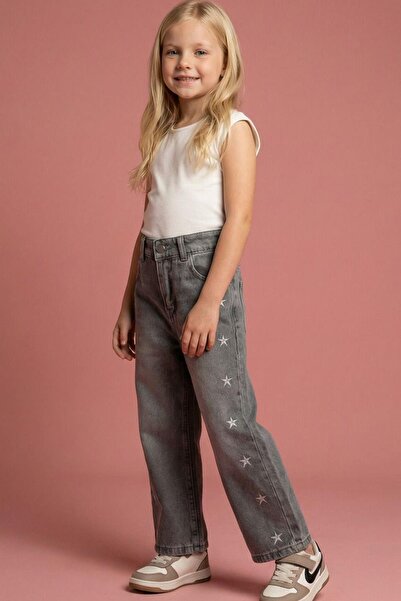 Monila Girl's Gray Star Embroidered Jeans