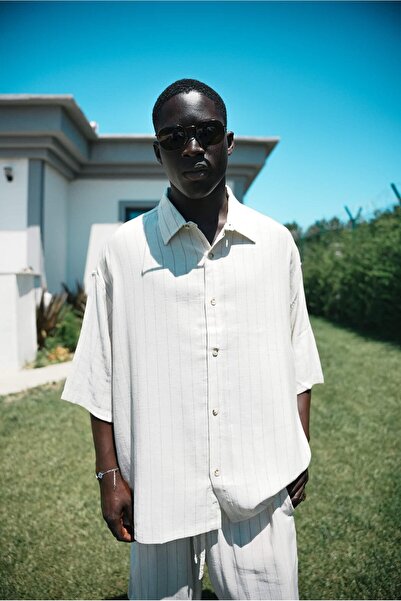 ablukaonline Men's Oversized Linen Look Short Sleeve Striped Shirt Beige