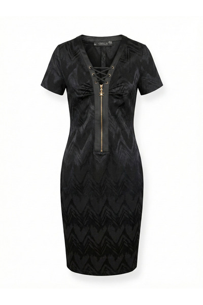 Ciolla Bağcıklı Yaka Fermuar Detaylı Kısa Kollu Kalem Elbise