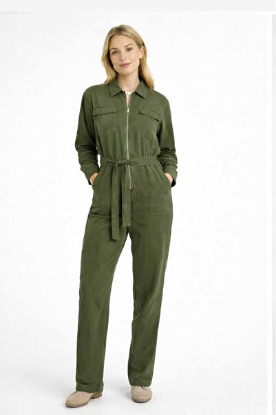 ozze butik Kadın Fermuarlı Kemerli Cep Detaylı Uzun Kollu Tulum Tensel kumaş