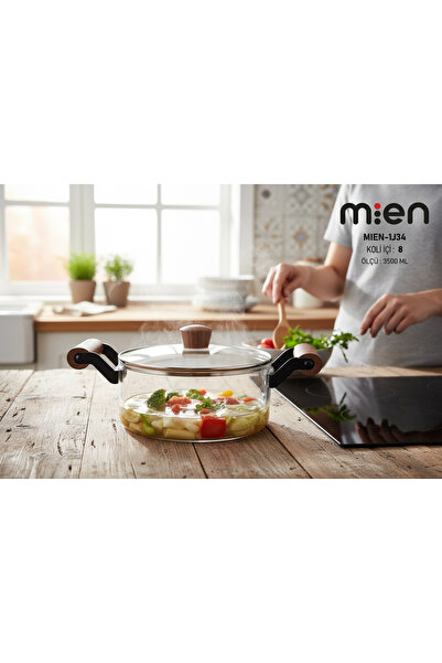 MİEN Glass Pot with Wooden Handle 3500ml, Heat-Resistant Glass Pot with Lid