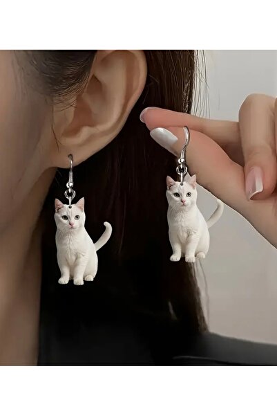 ER TAKI Sweet and Cute White Color Acrylic Cat Earrings