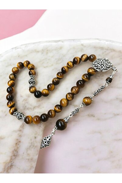 İnan Tesbih Special Silver Decorated Silver Tassel Tiger's Eye Natural Stone ...