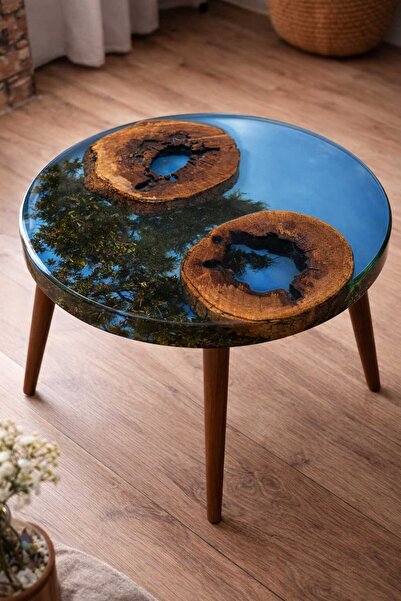 Epoxia Dizayn Epoksi Gerçek Ağaç ve Yosun Birleşiminden Mavi Sehpa