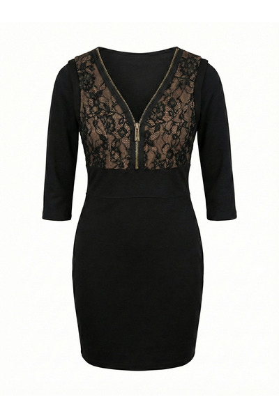 Sassofono Dantel Panelli Fermuar Detaylı V Yaka Kalem Elbise
