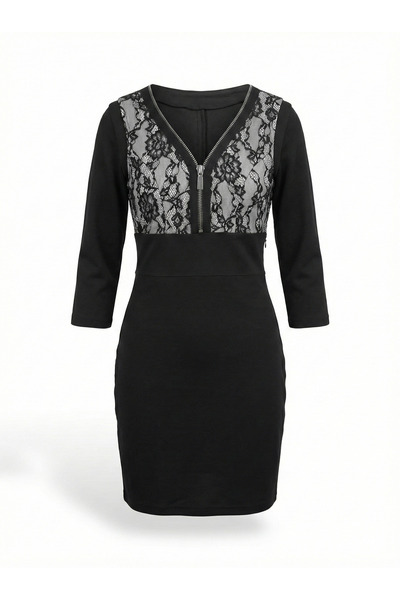 Sassofono Dantel Panelli Fermuar Detaylı V Yaka Kalem Elbise