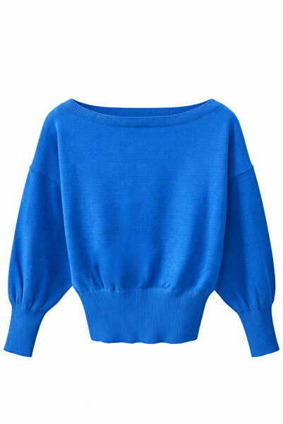 Mixray 6988 Women's Asymmetrical Rib Cut Boat Neck Knit Sweater Blue