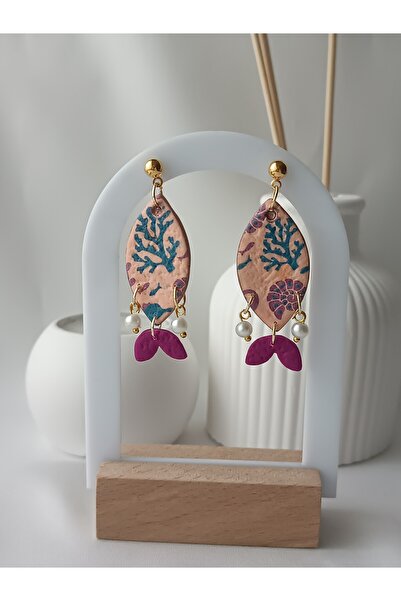 La fee aksesuar İnci Mercan Detay Balık Küpe El Yapımı Çelik Küpe Aparat Poli...