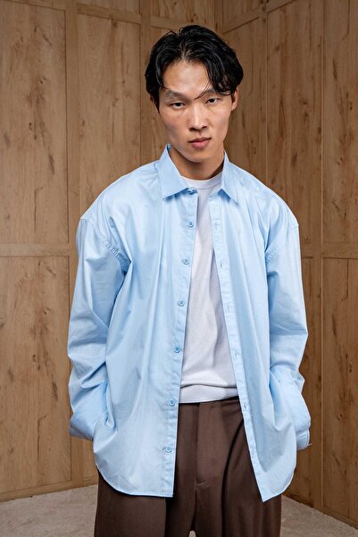 ablukaonline Men's Oversized Long Sleeve Basic Shirt Light Blue