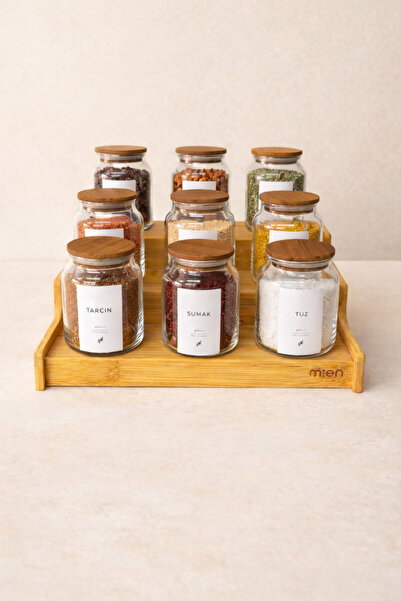 Mottogo 9-Piece Glass Spice Jar Set with Wooden Lids – with Bamboo Ladder Sta...